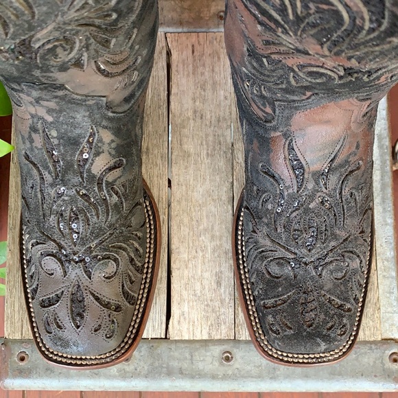 STETSON Sequin Square Toe Black Western Boots 7 - Picture 8 of 13